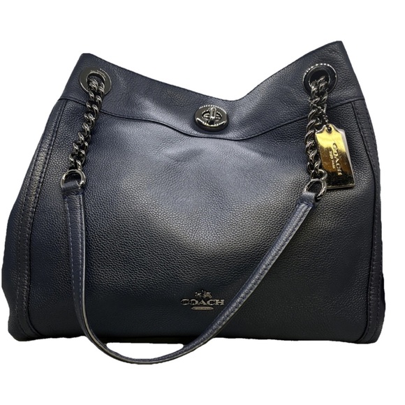Coach Edie Turnlock Navy Leather Shoulder Bag with Chain Straps - Picture 1 of 9